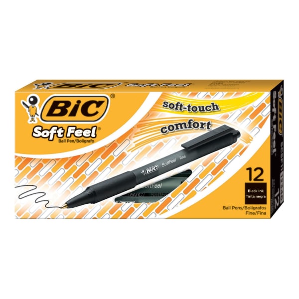 BIC Soft Feel Retractable Ballpoint Pens, Fine Point, 0.8 mm, Black Barrel, Black Ink, Box Of 12 Pens