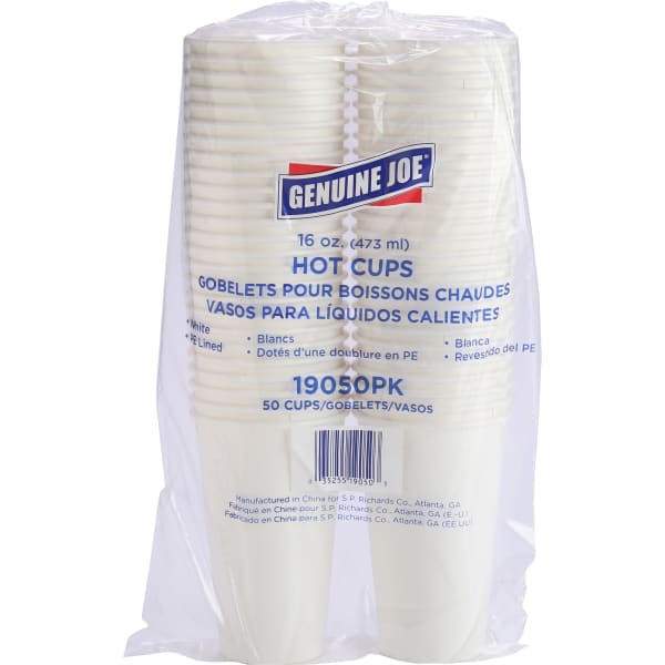 Genuine Joe Disposable Hot Cups, 16 Oz, White, Pack Of 50