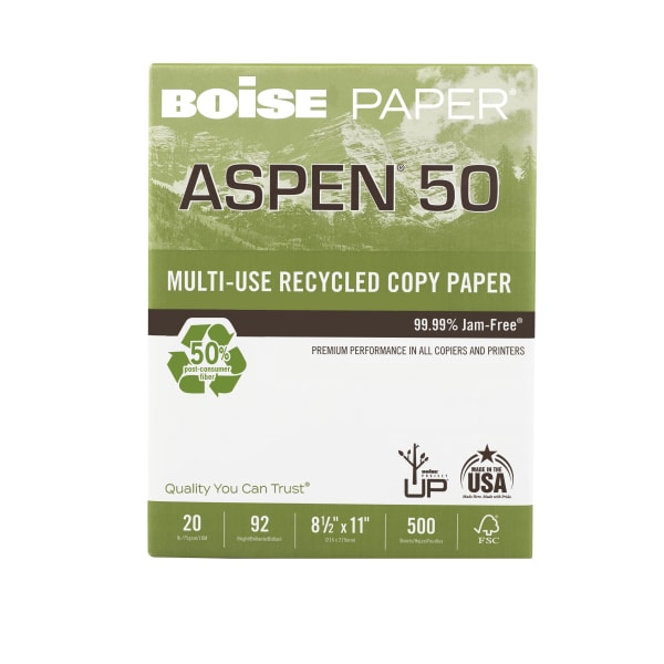 Boise ASPEN 50 Multi-Use Printer & Copy Paper, 1 Ream, White, Letter (8.5in x 11in), 500 Sheets Per Ream, 20 Lb, 92 Brightness, 50% Recycled, FSC Certified