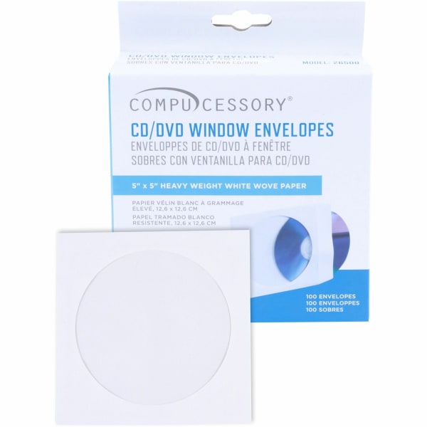 Compucessory CD/DVD White Window Envelopes - CD/DVD - 5in Width x 5in Length - 100 / Box - White