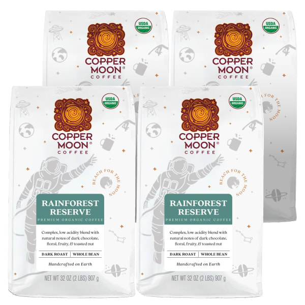 Copper Moon World Coffees Whole Bean Coffee, Dark Roast, Rainforest Reserve Fair Trade, 4 Bags (2 lbs Each)