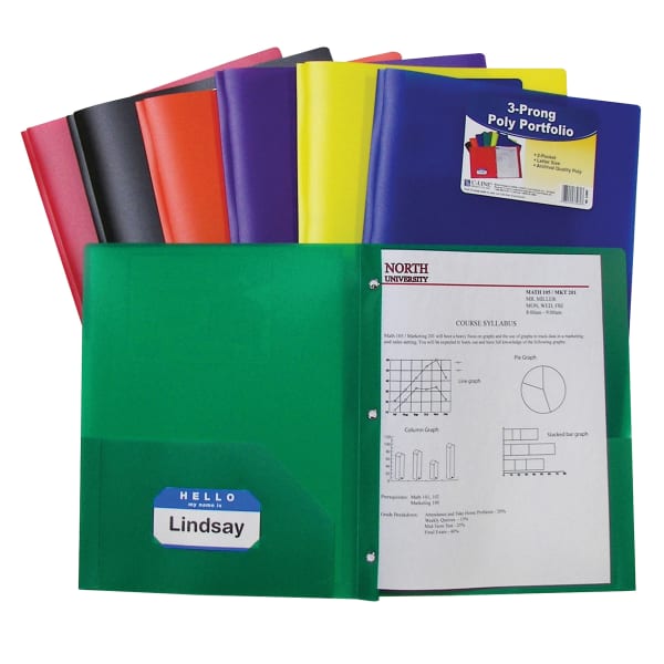 C-Line 2-Pocket Poly Portfolios With Prongs, 8 1/2in x 11in, 50-Sheet Capacity, Assorted Colors, Box Of 36