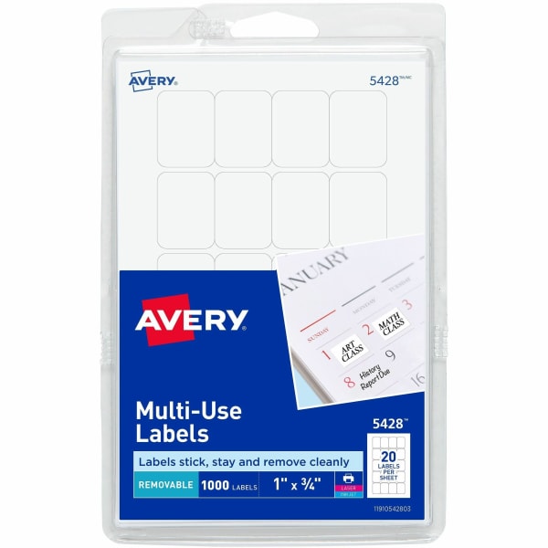 Avery Removable Inkjet/Laser Multipurpose Labels, 5428, 3/4in x 1in, White, Pack Of 1,000