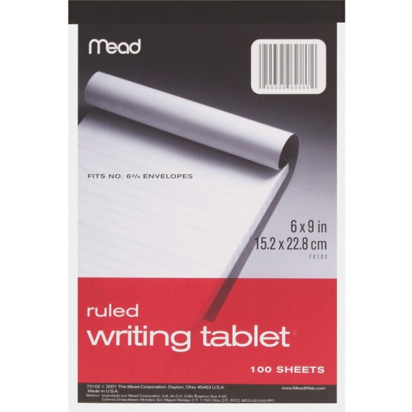 Mead Ruled Writing Tablet - 100 Sheets - Ruled Front Ruling - 20 lb Basis Weight - 6in x 9in Sheet Size - White Paper - 1 Each