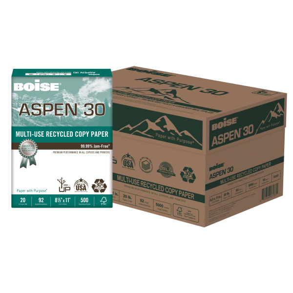 Boise ASPEN 30 Multi-Use Printer & Copy Paper, 10 Reams, White, Letter Size, 5000 Sheets Per Case- 054901-CTN
