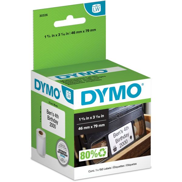 DYMO LabelWriter Video Spine Labels, DYM30326, 1 4/5inW x 3 1/10inL, Rectangle, Direct Thermal, White, Roll Of 150