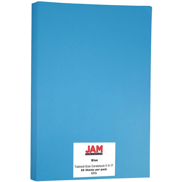 JAM Paper Card Stock, Blue, Ledger (11in x 17in), 65 Lb, 30% Recycled, Pack Of 50