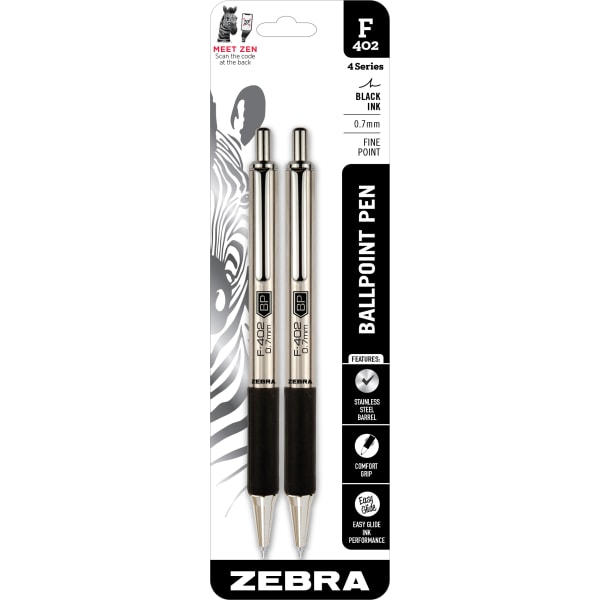 Zebra Pen F-402 Stainless Steel Retractable Ballpoint Pens, Pack Of 2, Fine Point, 0.7 mm, Silver Barrel, Black Ink