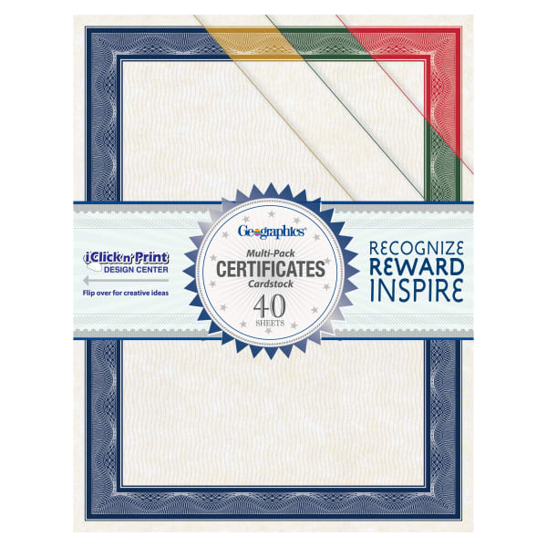 Geographics Traditional Awards Certificates - 60 lb Basis Weight - 8.5inx 11in - Inkjet Compatible - White with Multicolor Border - Card Stock - 40/Pack