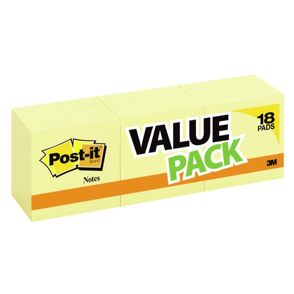 Post-it Notes, 18 Pads, 3 in x 3 in, Clean Removal, School Supplies and Office Products, Sticky Notes for Vertical Surfaces, Monitors, Walls and Windows, Canary Yellow