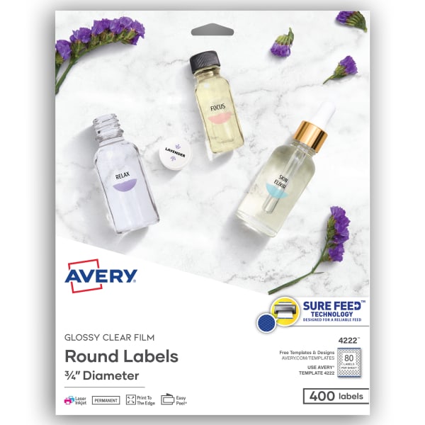 Avery Glossy Clear Print-to-the-Edge Easy Peel Labels With Sure Feed Technology, 4222, Round, 3/4in Diameter, Clear, Pack Of 400