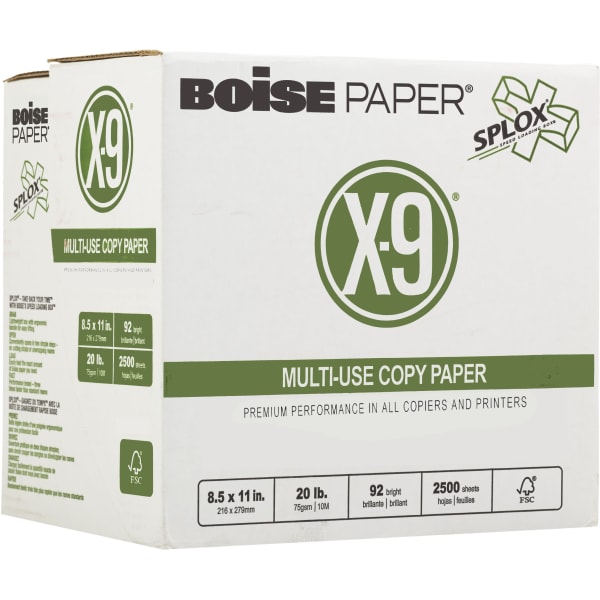 Boise X-9 SPLOX Reamless Multi-Use Printer & Copy Paper, 5 Reams, White, Letter (8.5in x 11in), 2500 Sheets Per Case, 20 Lb, 92 Brightness