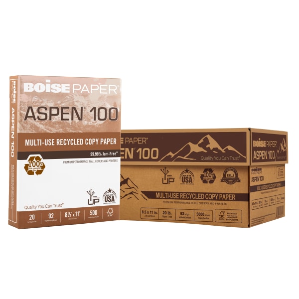 Boise ASPEN 100 Multi-Use Printer & Copy Paper, 10 Reams, White, Letter (8.5in x 11in), 5000 Sheets Per Case, 20 Lb, 92 Brightness, 100% Recycled, FSC Certified