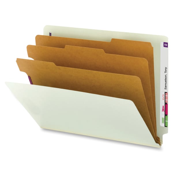 Smead End-Tab 3-Divider Classification Folders, 8 1/2in x 11in, 3 Divider, 3 Partition, 60% Recycled, Gray/Green, Pack Of 10