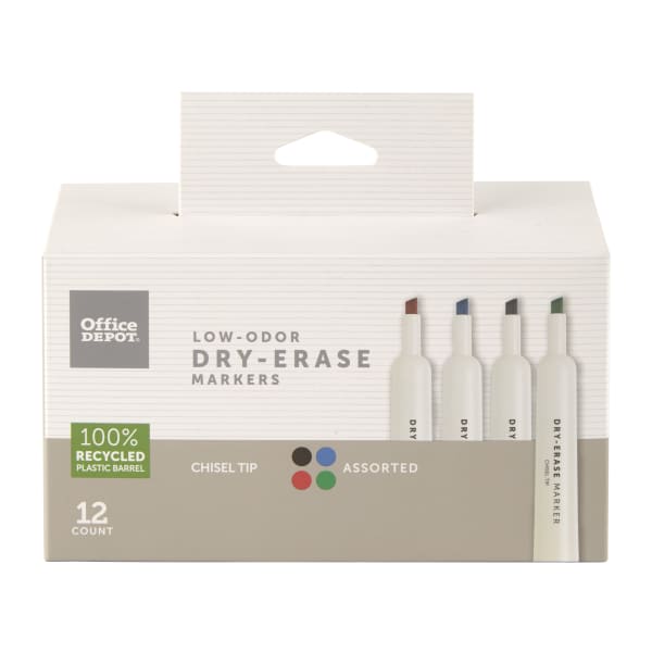 Office Depot Brand Low-Odor Dry-Erase Markers, Chisel Point, 100% Recycled Plastic Barrel, Assorted Colors, Pack Of 12