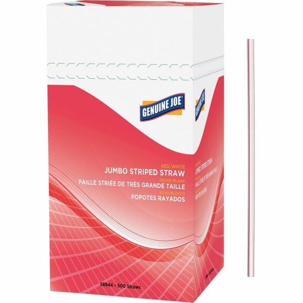 Genuine Joe Jumbo Striped Straws - 7.8in Length - Plastic - Red, White - 500 / Box