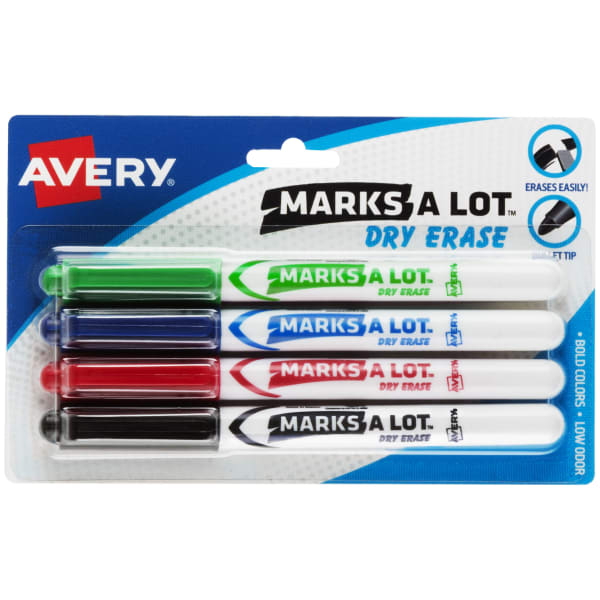 Avery Marks A Lot Dry Erase Markers, Bullet Tip, Pen-Style, Assorted Colors, Pack Of 4 Markers