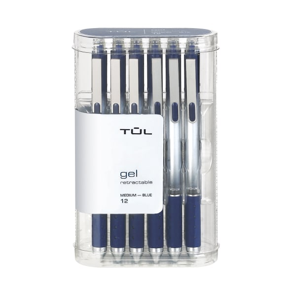 TUL GL Series Retractable Gel Pens, Medium Point, 0.7 mm, Silver Barrel, Blue Ink, Pack Of 12 Pens