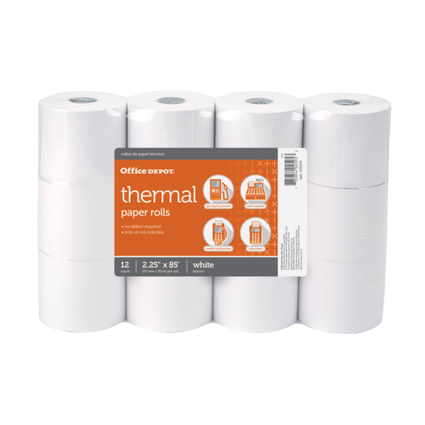 Office Depot Brand Thermal Paper Rolls, 2-1/4in x 85ft, White, Pack of 12