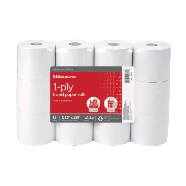 Office Depot Brand 1-Ply Bond Paper Roll, 2-1/4in x 150', White, Pack of 12