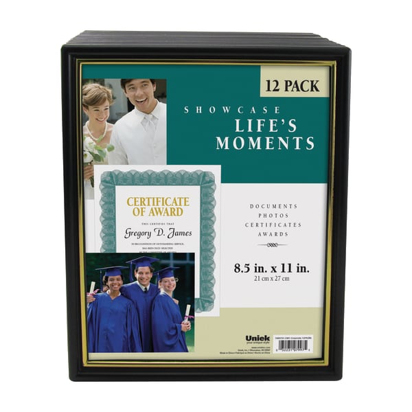 Uniek Corporate Document Frames, 8 1/2in x 11in, Black/Gold, Pack Of 12