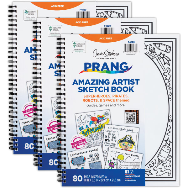 Prang Amazing Artists Sketch Books, 8-1/2in x 11in, Multicolor, Pack Of 3 Books