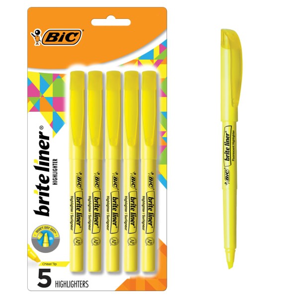 BIC Brite Liner Highlighters, Chisel Point, Yellow, Pack Of 5 Highlighters