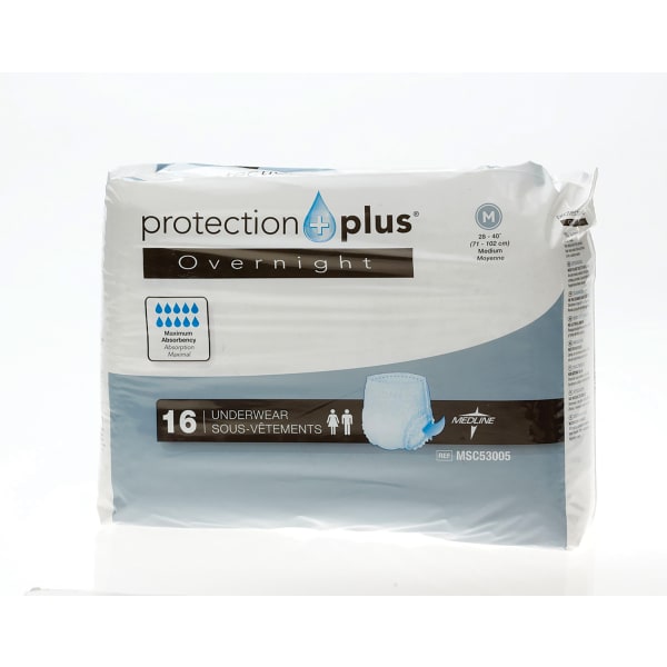 Protection Plus Overnight Protective Underwear, Medium, 28 - 40in, White, Bag Of 16