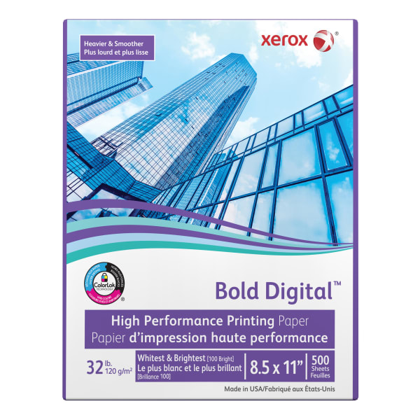 Xerox Bold Digital Printing Paper, 1 Ream, Letter Size (8 1/2in x 11in), 100 (U.S.) Brightness, 32 Lb Text (120 gsm), FSC Certified, Ream Of 500 Sheets