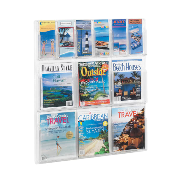 Clear Literature Rack, Combination, 6 Magazine Pockets, 6 Pamphlet Pockets