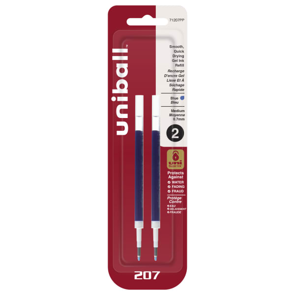 uni-ball 207 Retractable Gel Pen Refills, Medium Point, 0.7 mm, Blue Ink, Pack Of 2 Refills