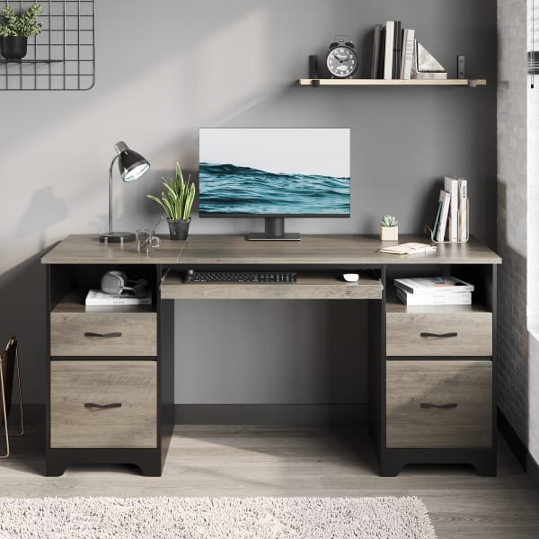 Bestier 59inW Double-Pedestal Executive Computer Desk With Open Storage & Drawer, Gray