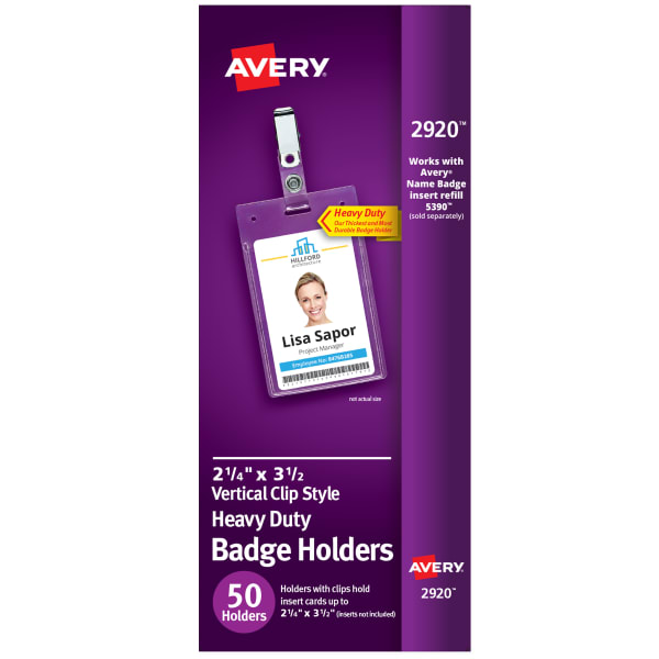 Avery Secure Top Badge Holders, For 3-1/2in x 2-1/4in Badge, Portrait With Clip, Clear, Box Of 50