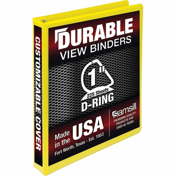 Samsill Durable Three-Ring View Binder - 1in Binder Capacity - 225 Sheet Capacity - Fastener(s): 3 x D-Ring - Pocket(s): 2, Internal - Polypropylene, Chipboard - Yellow - Recycled - Durable, PVC-free, Ink-transfer Resistant, Clear Overlay, Sturdy - 1 Each