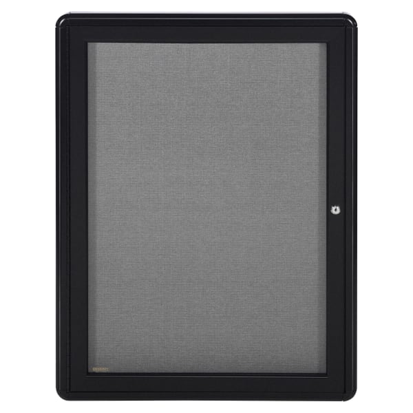 Ghent Ovation 1-Door Enclosed Fabric Tackboard, 34in x 24in, Gray, Black Aluminum Frame