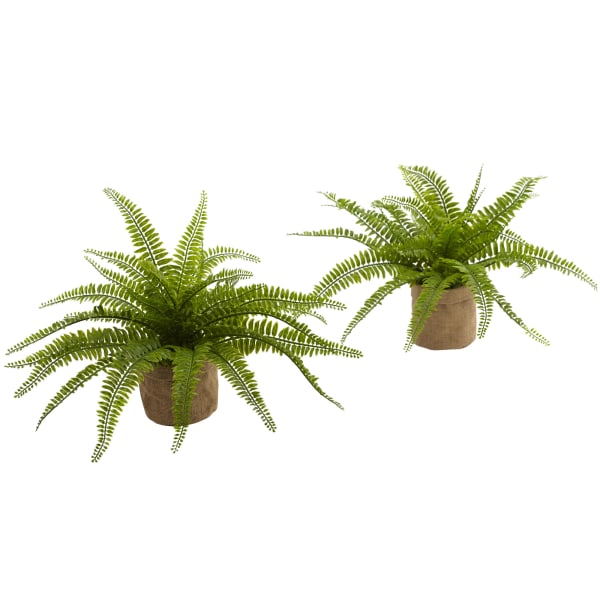 Nearly Natural Boston Fern 15inH Artificial Plants With Burlap Planters, 15inH x 22inW x 18inD, Green, Set Of 2