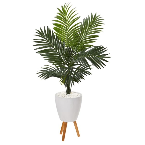 Nearly Natural Paradise Palm 61inH Artificial Plant With Stand Planter, 61inH x 46inW x 44inD, Green/White