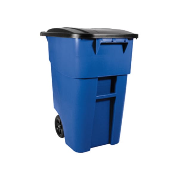 Rubbermaid Commercial Brute Rollout Container with Lid - Swing Lid - 50 gal Capacity - Mobility, Heavy Duty, Wheels, Lid Locked, Rounded Corner - Blue - 1 Each