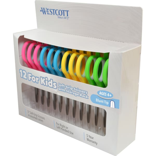 Westcott Soft-Handle Kids Scissors, 5in, Blunt, Assorted Colors, Pack Of 12