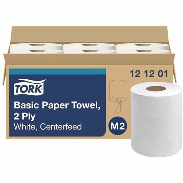 Tork Basic Center Feed Paper Wiper White M2, High Absorbency, 6 x 600 Sheets, 121201
