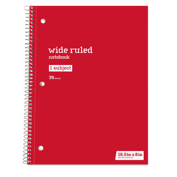 Just Basics Spiral Notebook, 8in x 10-1/2in, Wide Ruled, 70 Sheets, Red