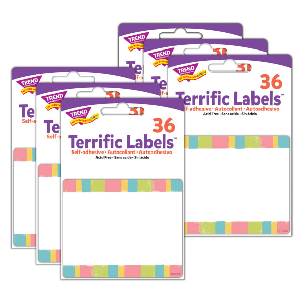 TREND Terrific Labels, T-68130-6, 3in x 2-1/2in, Cheerful Stripes, 36 Labels Per Pack, Bundle Of 6 Packs
