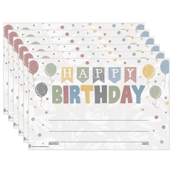 Teacher Created Resources Awards, 5-1/2in x 8-1/2in, Classroom Cottage Happy Birthday, 30 Awards Per Pack, Bundle Of 6 Packs