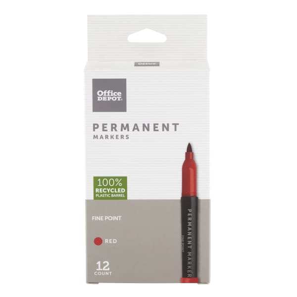 Office Depot Brand Permanent Markers, Fine Point, 100% Recycled Plastic Barrel, Red Ink, Pack Of 12