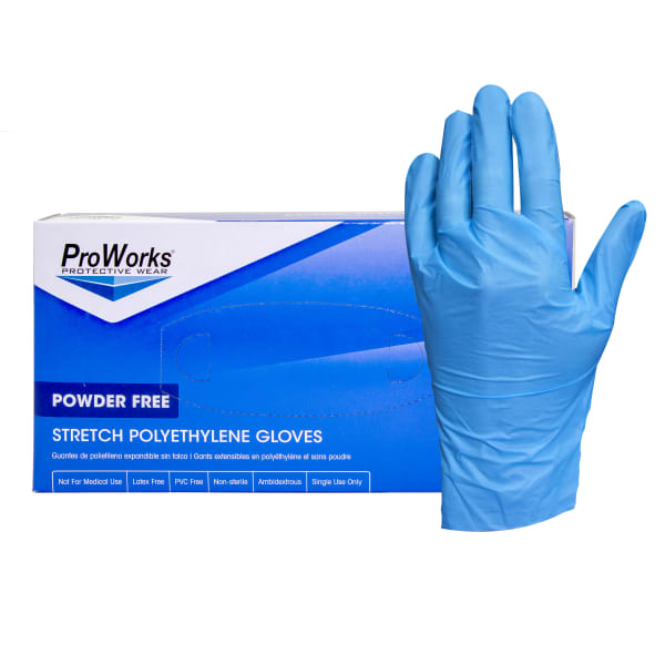 Hospeco ProWorks Stretch Polyethylene Gloves, Large, Blue, 200 Gloves Per Pack, 10 Packs Per Case