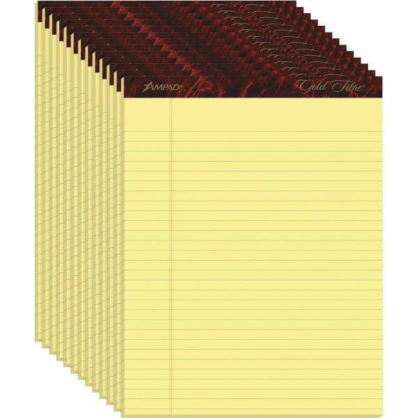 Ampad Gold Fibre Premium Rule Writing Pads - Letter - 50 Sheets - Watermark - Stapled/Glued - 0.34in Ruled - 16 lb Basis Weight - Letter - 8 1/2in x 11 3/4in Sheet Size - Yellow Paper - Bleed-free, Micro Perforated, Chipboard Backing - 1 Dozen