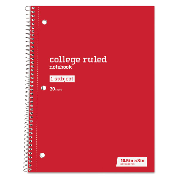 Just Basics Spiral Notebook, 8in x 10-1/2in, College Ruled, 70 Sheets, Red