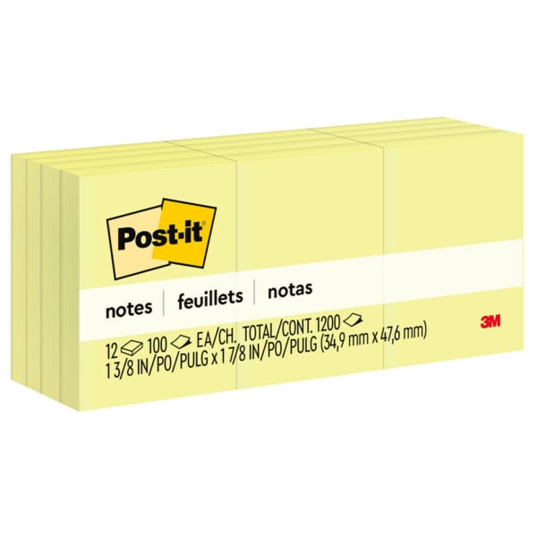 Post-it Notes, 12 Pads, 1 3/8 in x 1 7/8 in, Clean Removal, School Supplies and Office Products, Sticky Notes for Vertical Surfaces, Monitors, Walls and Windows, Canary Yellow