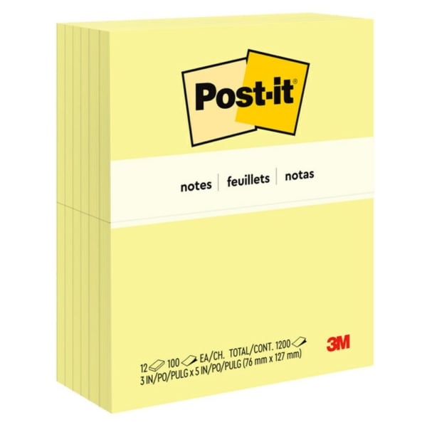 Post-it Notes, 12 Pads, 3 in x 5 in, Clean Removal, School Supplies and Office Products, Sticky Notes for Vertical Surfaces, Monitors, Walls and Windows, Canary Yellow