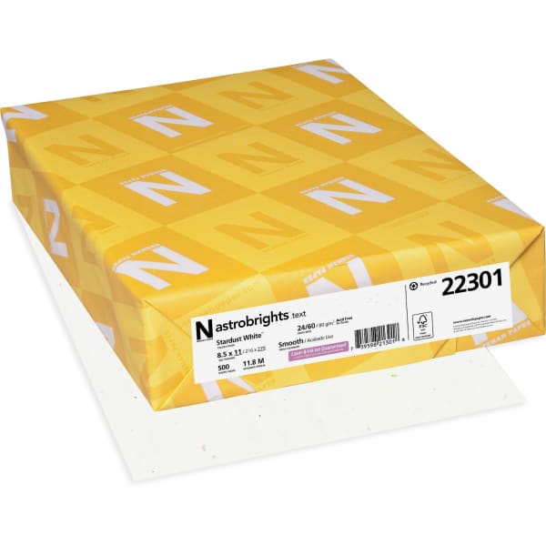 Wausau Astrobrights Inkjet/Laser Print Color Paper, Letter Size (8 1/2in x 11in), 24 Lb, Stardust White, Ream Of 500 Sheets
